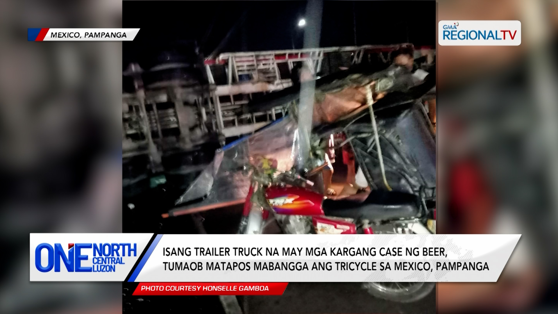 Isang trailer truck na may mga kargang case ng beer, tumaob sa Pampanga