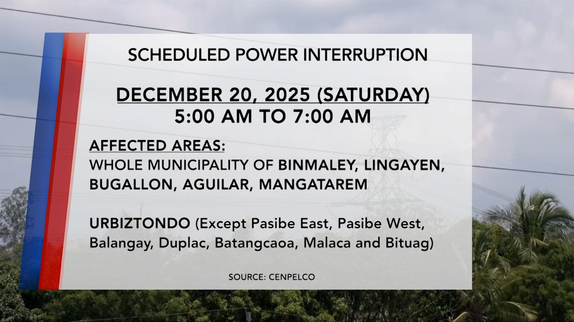2-oras na power interruption, mararanasan sa ilang lugar bukas, Dec. 20 | One North Central Luzon