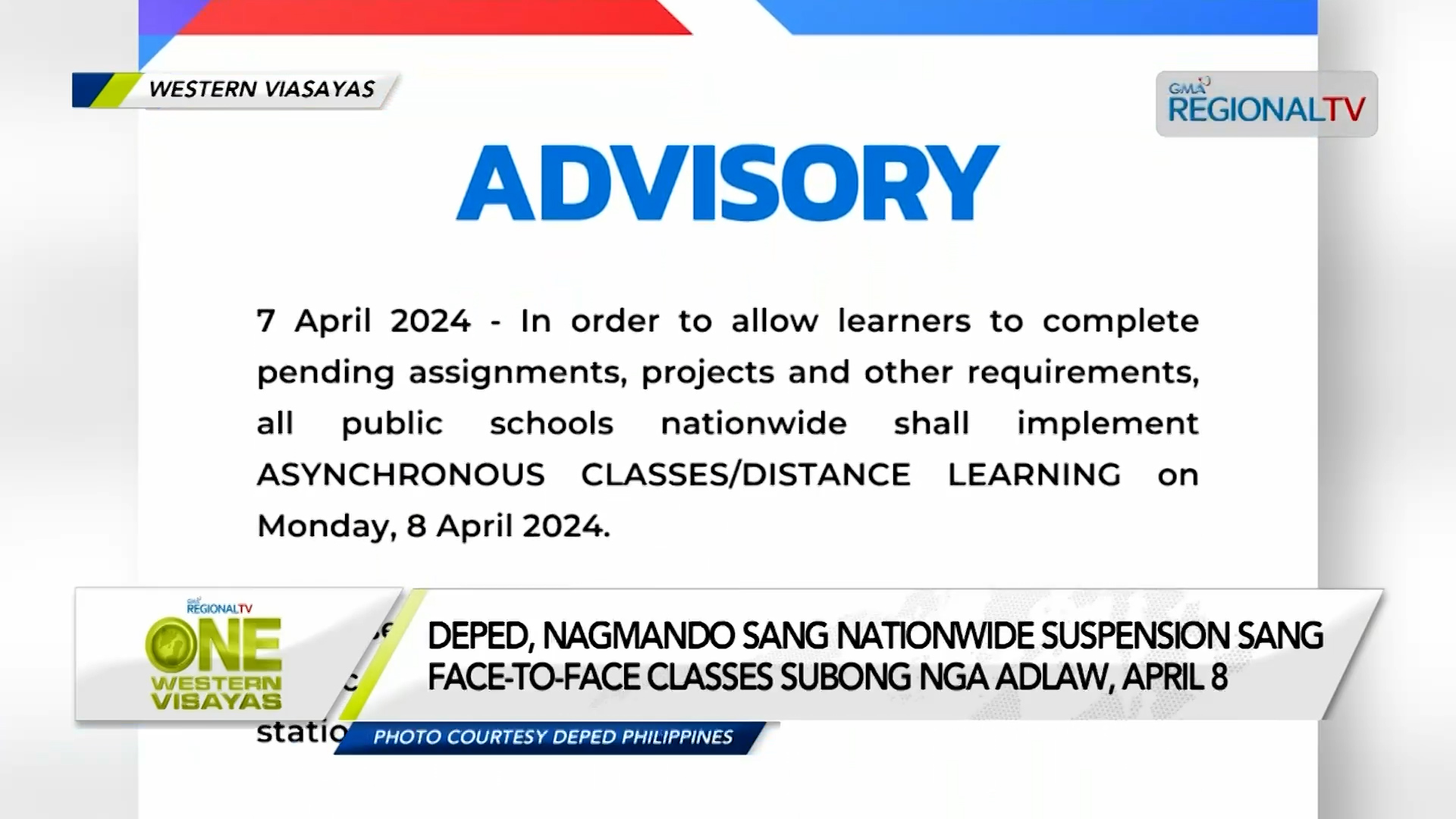DepEd, nagmando sang Nationwide suspension sang in-person classes, April 8