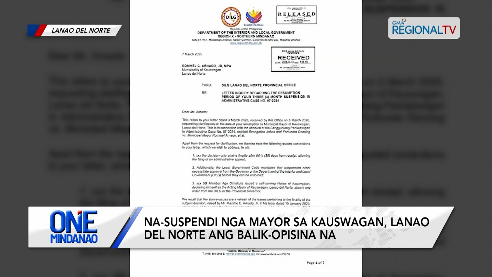 Na-suspendi nga Mayor sa Kauswagan, Lanao del Norte, balik-opisina na