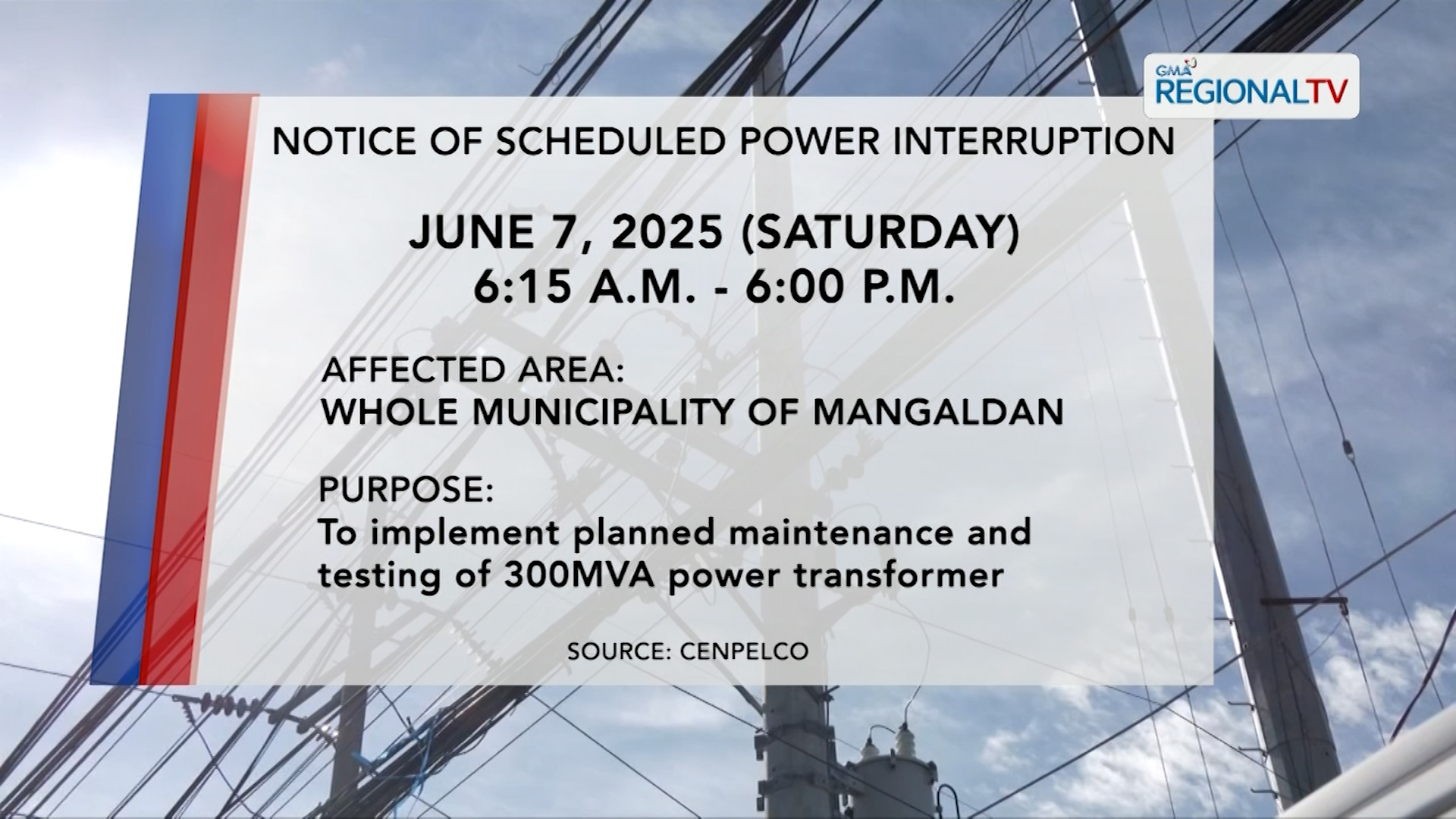 Halos 12-oras na power interruption, mararanasan sa Mangaldan sa June 7