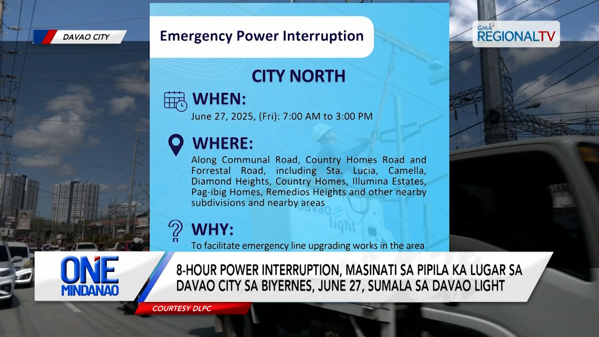 8-hour power interruption, masinati sa pipila ka lugar sa Davao City sa Biyernes