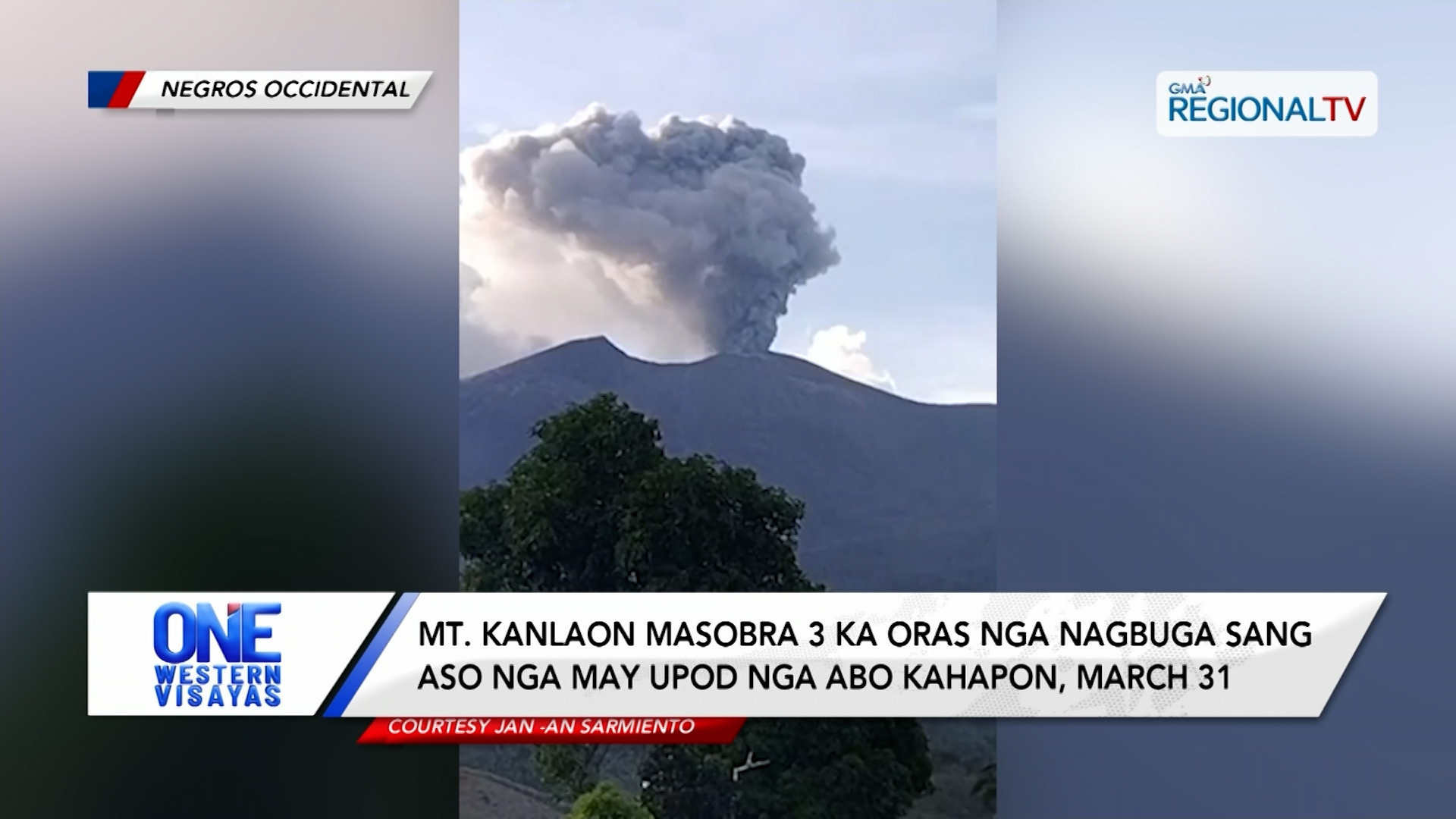 Mt. Kanlaon masobra 3 ka oras nga nagbuga sang aso nga may abo, March 31