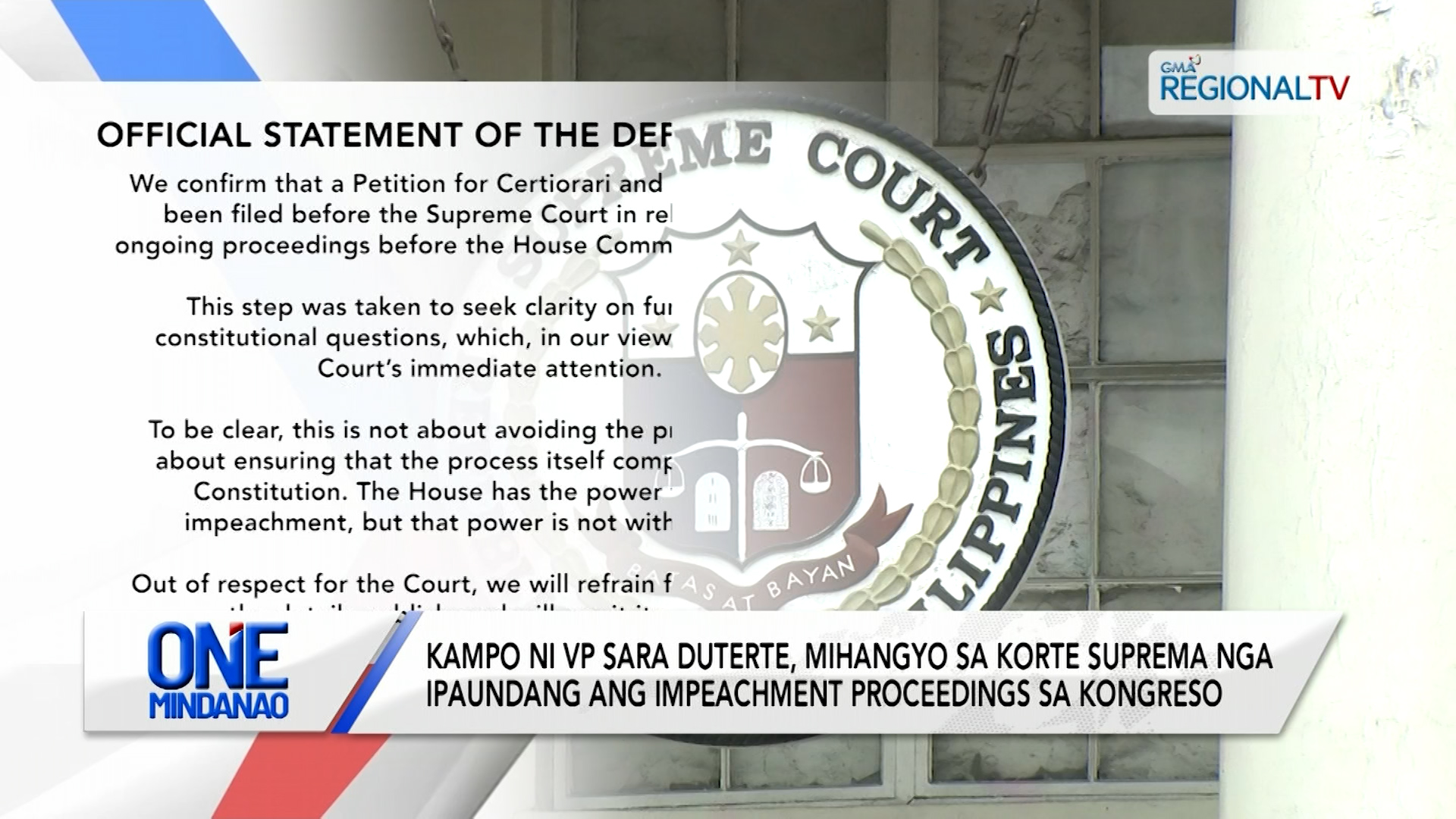 Kampo ni VP Sara Duterte, mihangyo sa Korte Suprema | One Mindanao