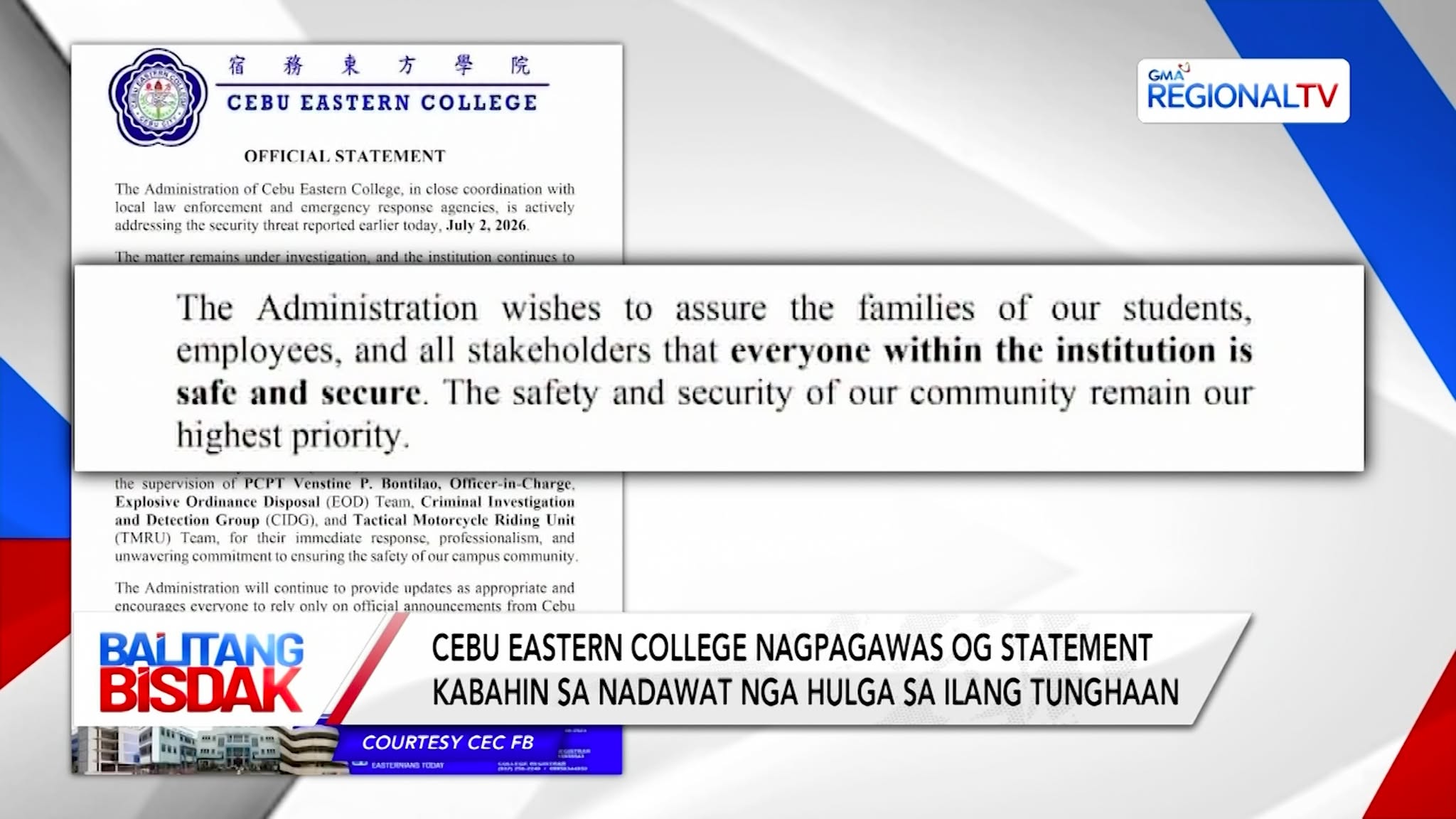 Cebu Eastern College, Nagpagawas og Statement kabahin sa nadawat nga Hulga | Balitang Bisdak