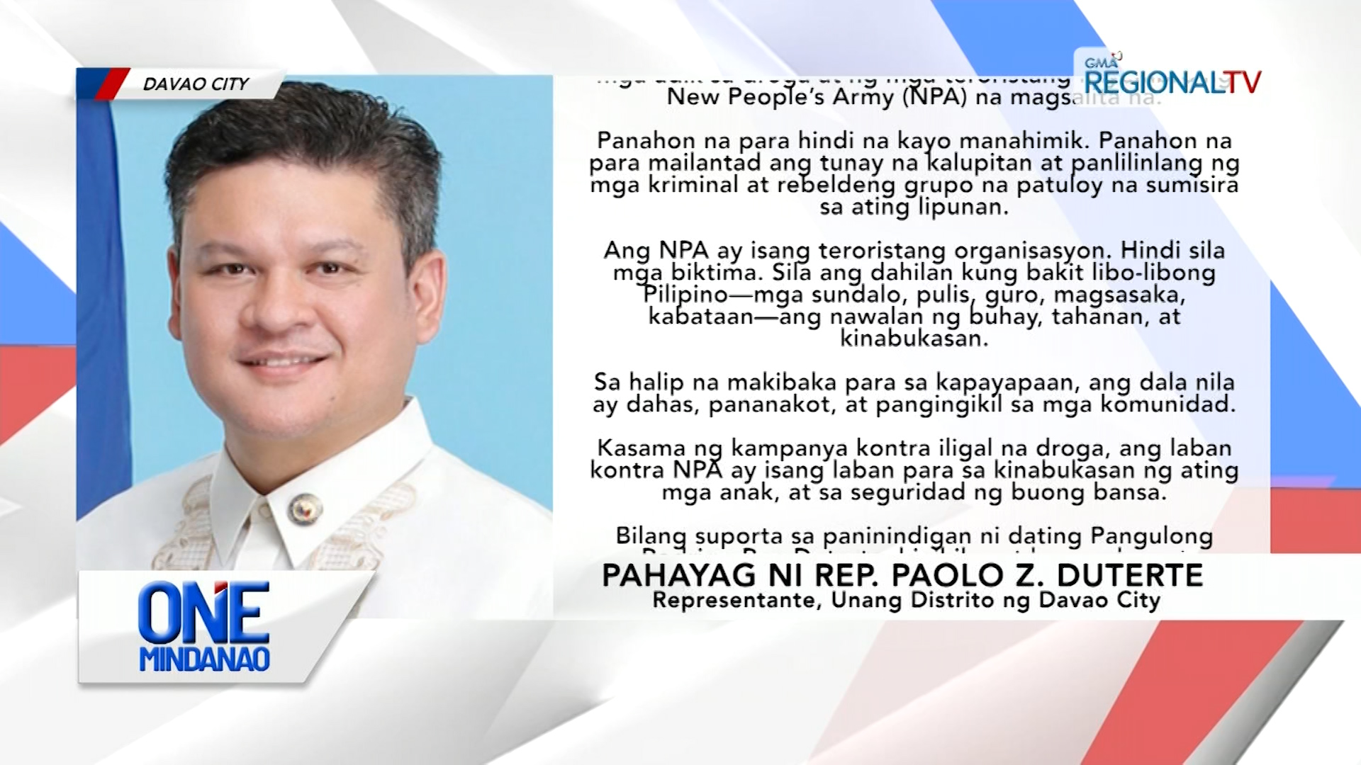 Cong. Duterte, giawhag ang mga biktima sa drug addict ug NPA nga motingog na
