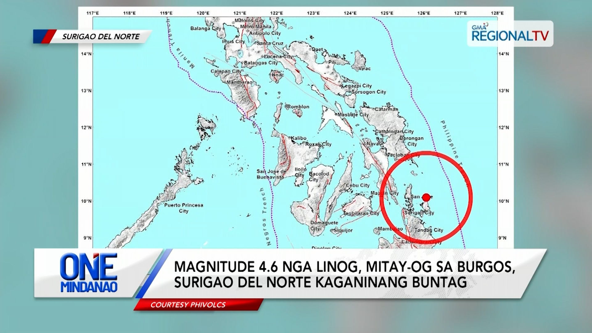 Magnitude 4.6 nga linog, mitay-og sa Burgos, Surigao del Norte | One Mindanao