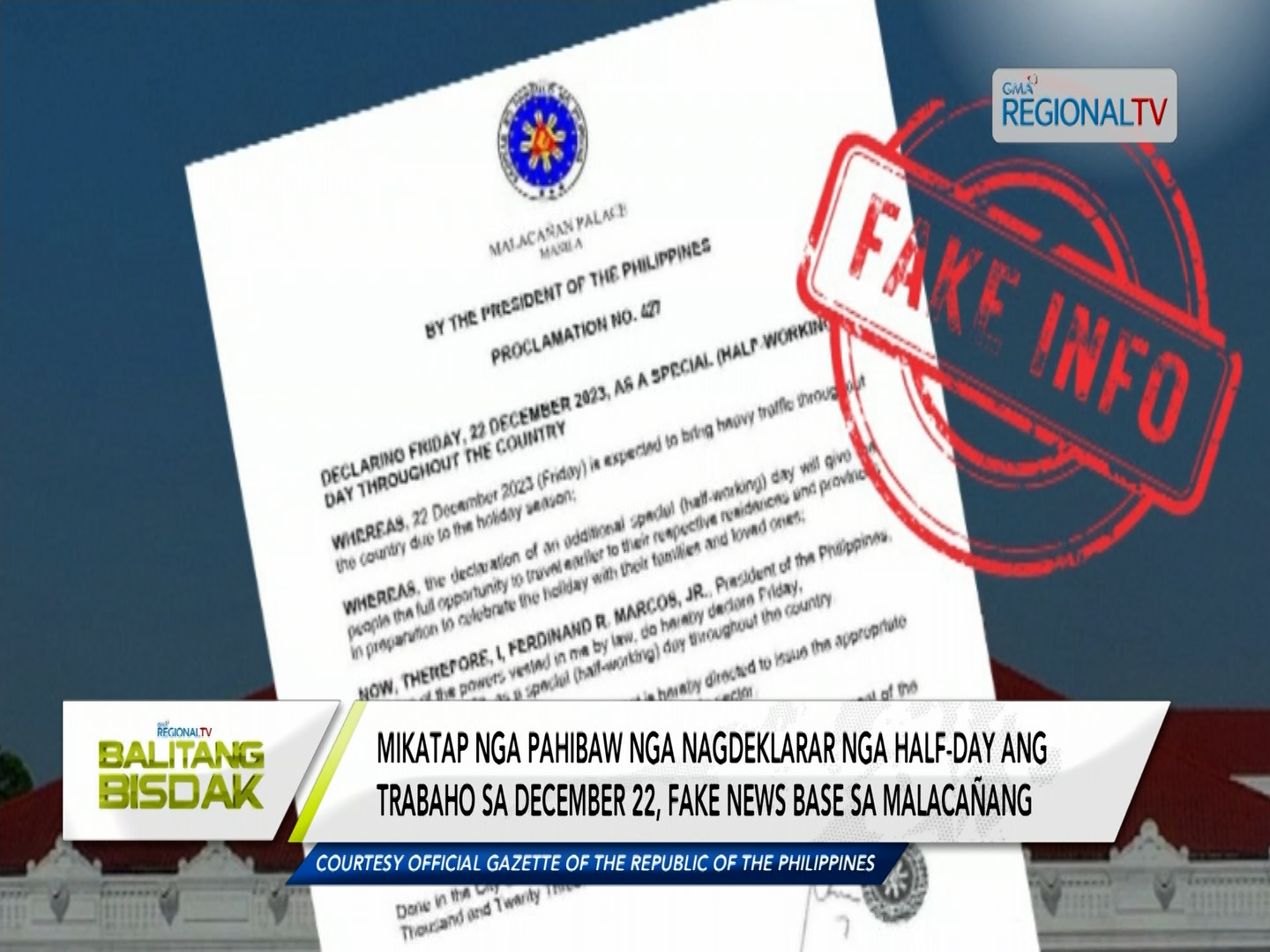 Malacañang: fake news ang nikatap nga half-day ang trabaho ugma, December 22