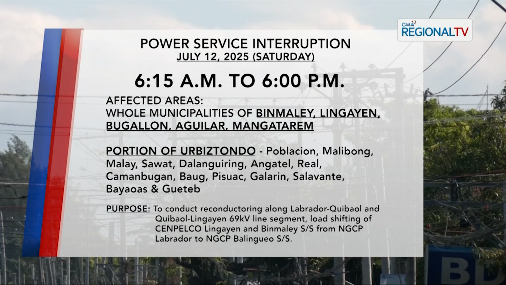 12 bayan sa Pangasinan, makararanas ng kawalan ng suplay ng kuryente bukas