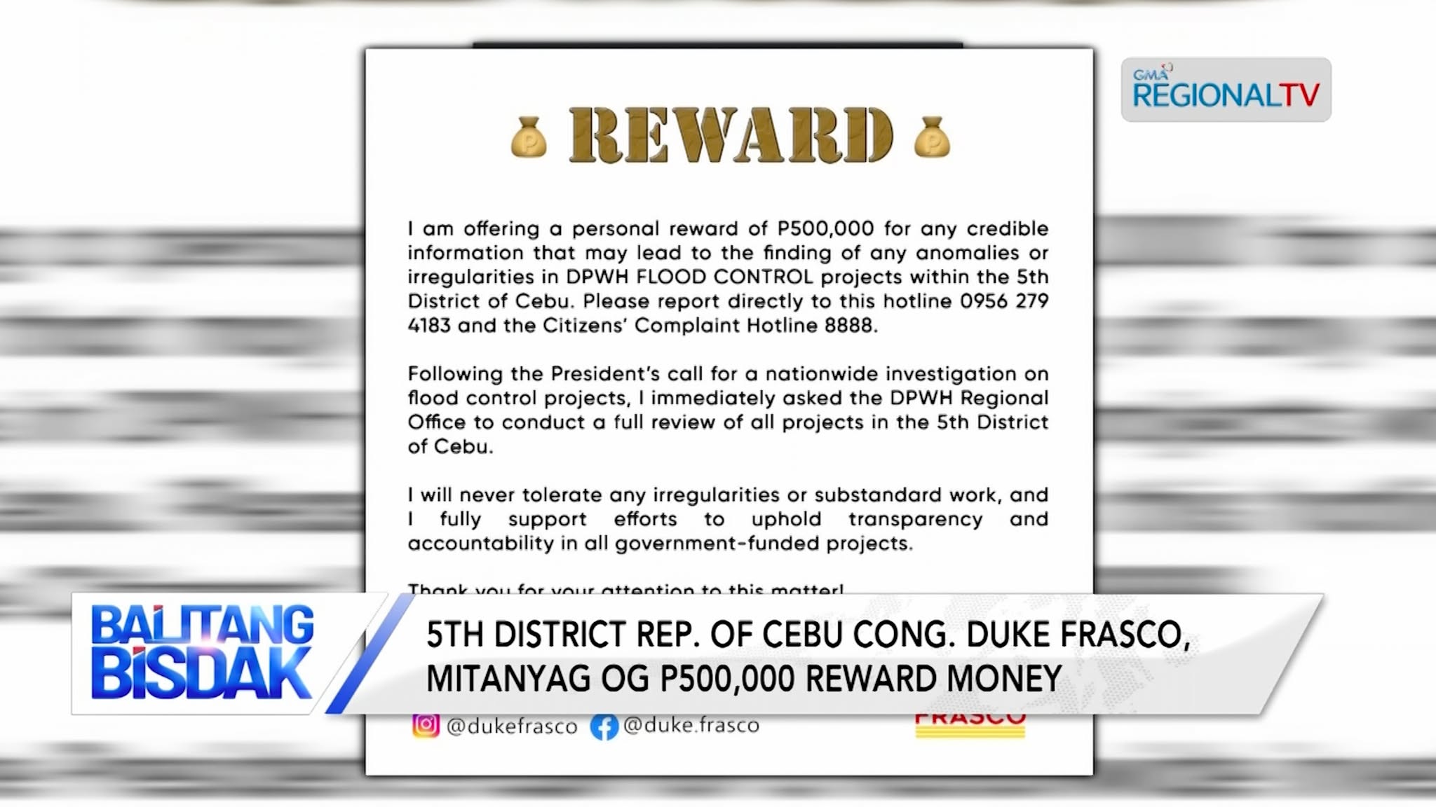 Cong. Duke Frasco, Nitanyag og P500,000 Reward Money | Balitang Bisdak