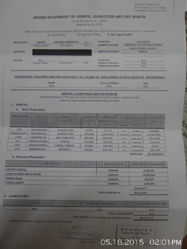 LOOK: SALN shows PNoy richer by P1.8 million in 2014 | GMA News Online