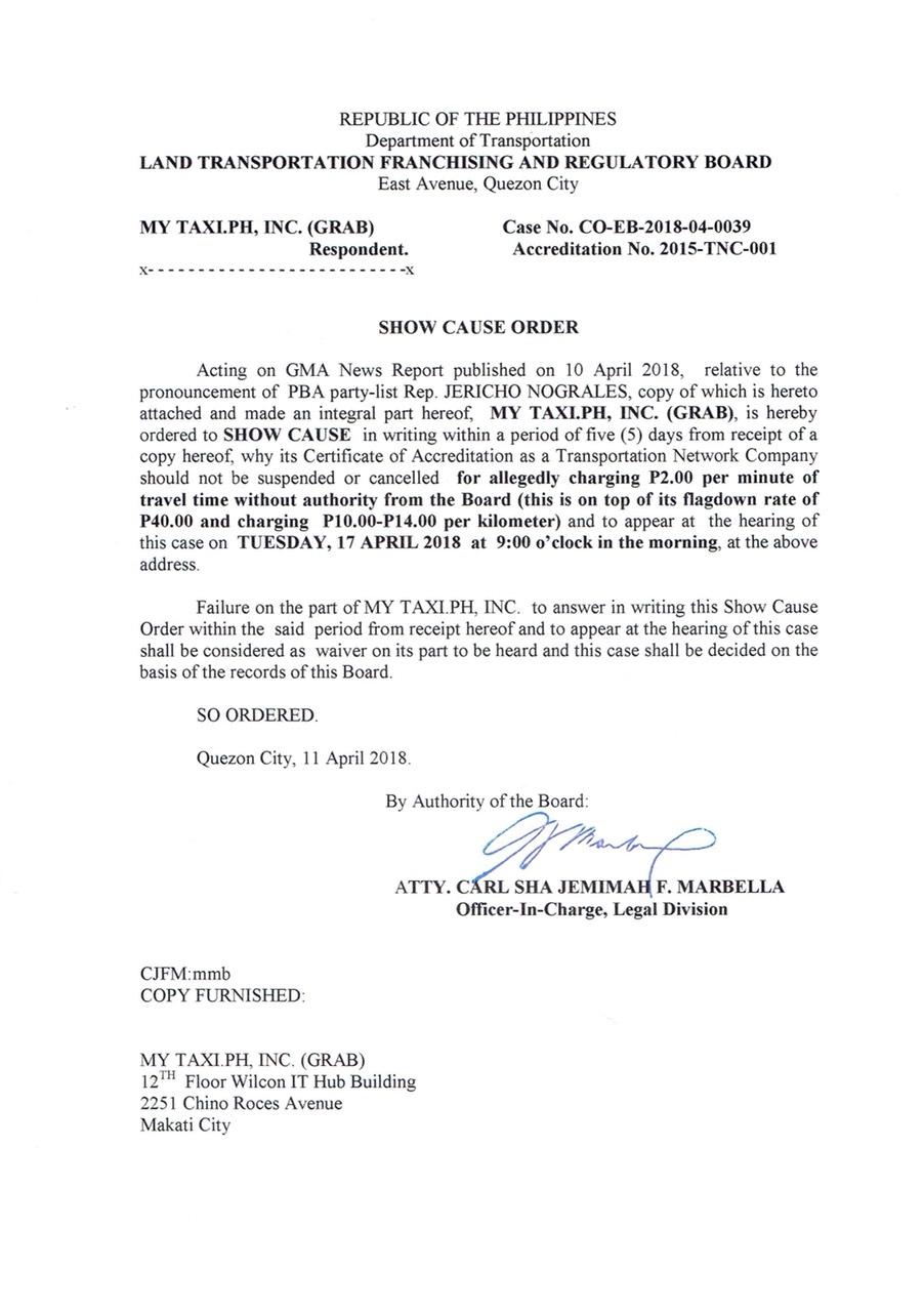 ltfrb-show-cause-order-vs-grab-for-alleged-unauthorized-charges-gma