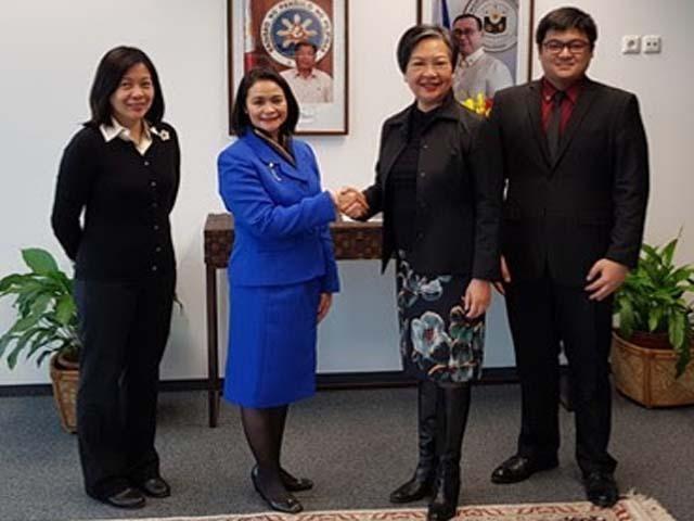Ambassador to Austria Maria Cleofe R. Natividad (second from the left) congratulates IAEA Division Director Dr. Jane Gerardo-Abaya (second from the right). They are joined by Consul General Deena Joy Amatong (far left) and Vice Consul Allen Carillo (far right). DFA photo