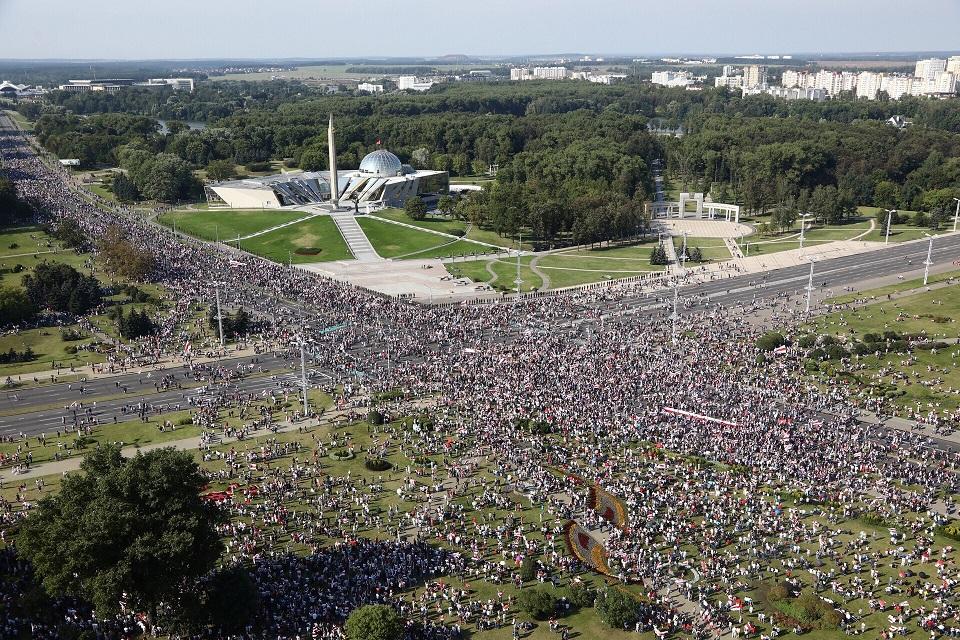 Tens of thousands march in Belarus capital despite massive police