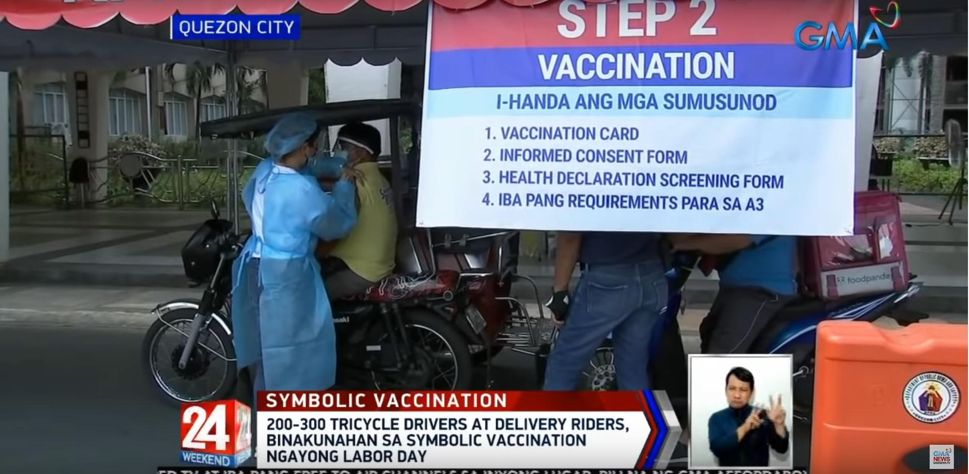 Up to 300 QC tricycle drivers, delivery riders vaccinated on Labor Day