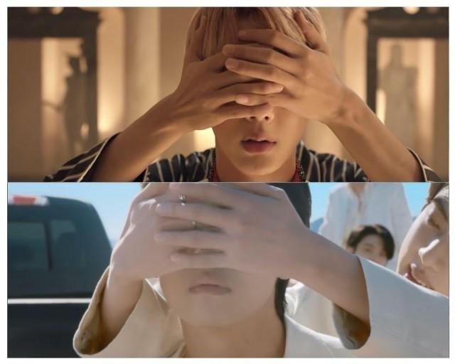 In the "Blood Sweat & Tears" music video, V covers Jin's eyes. This time, the roles are reversed.