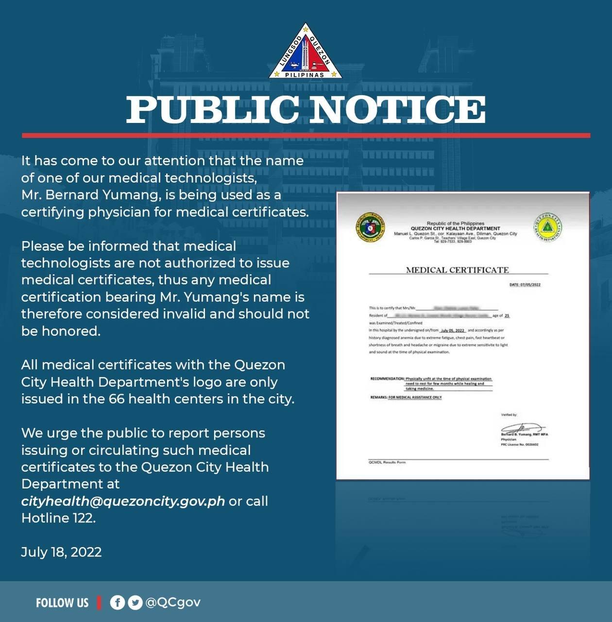 Warga QC memperingatkan tentang sertifikat medis dengan tanda tangan yang tidak valid GMA News Online