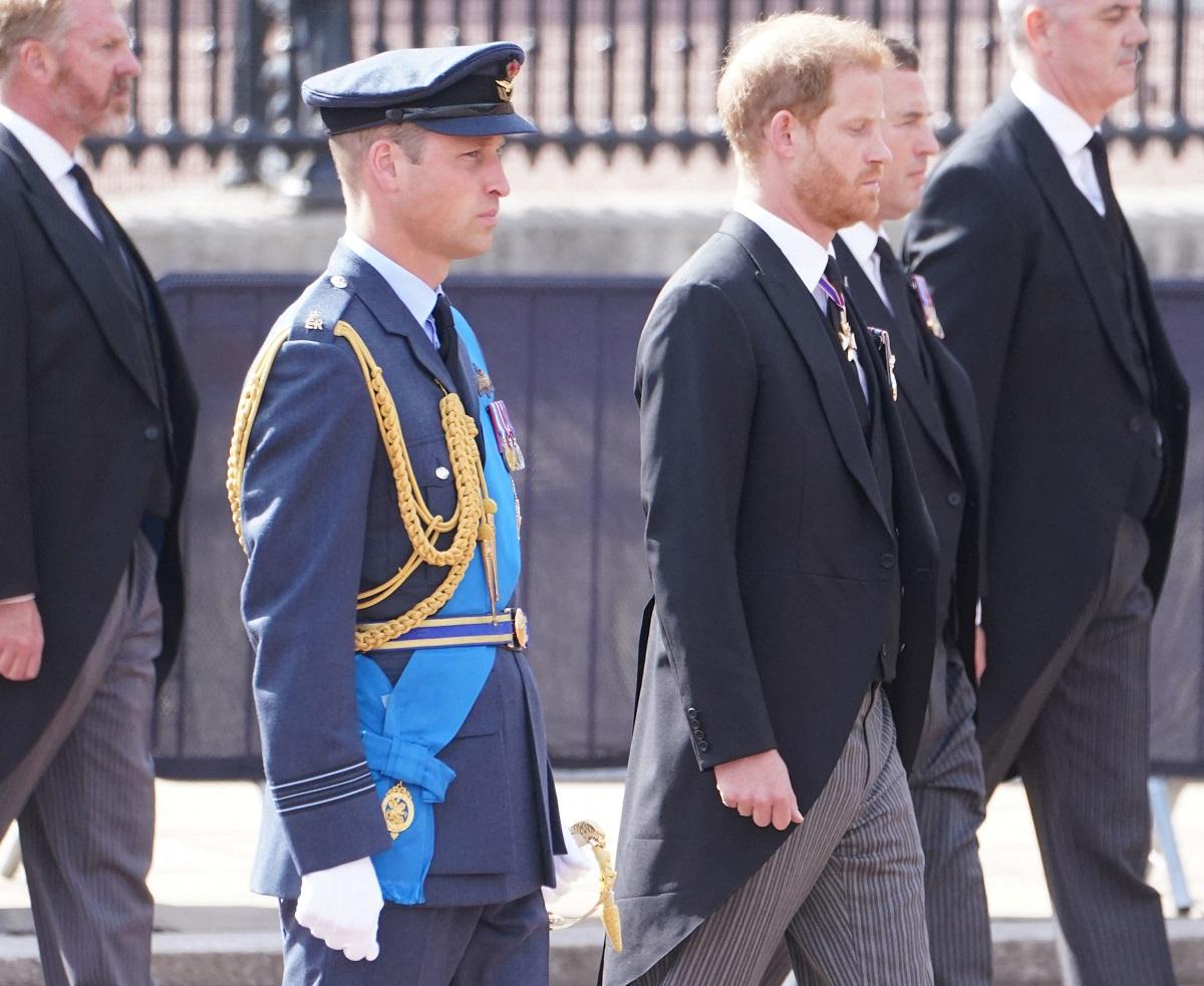 The Prince of Wales and the Duke of Sussex walking behind he coffin of Queen Elizabeth II during the ceremonial procession from Buckingham Palace to Westminster Hall, London, where it will lie in state ahead of her funeral on Monday. Picture date: Wednesday September 14, 2022. Ian West/Pool via REUTERS