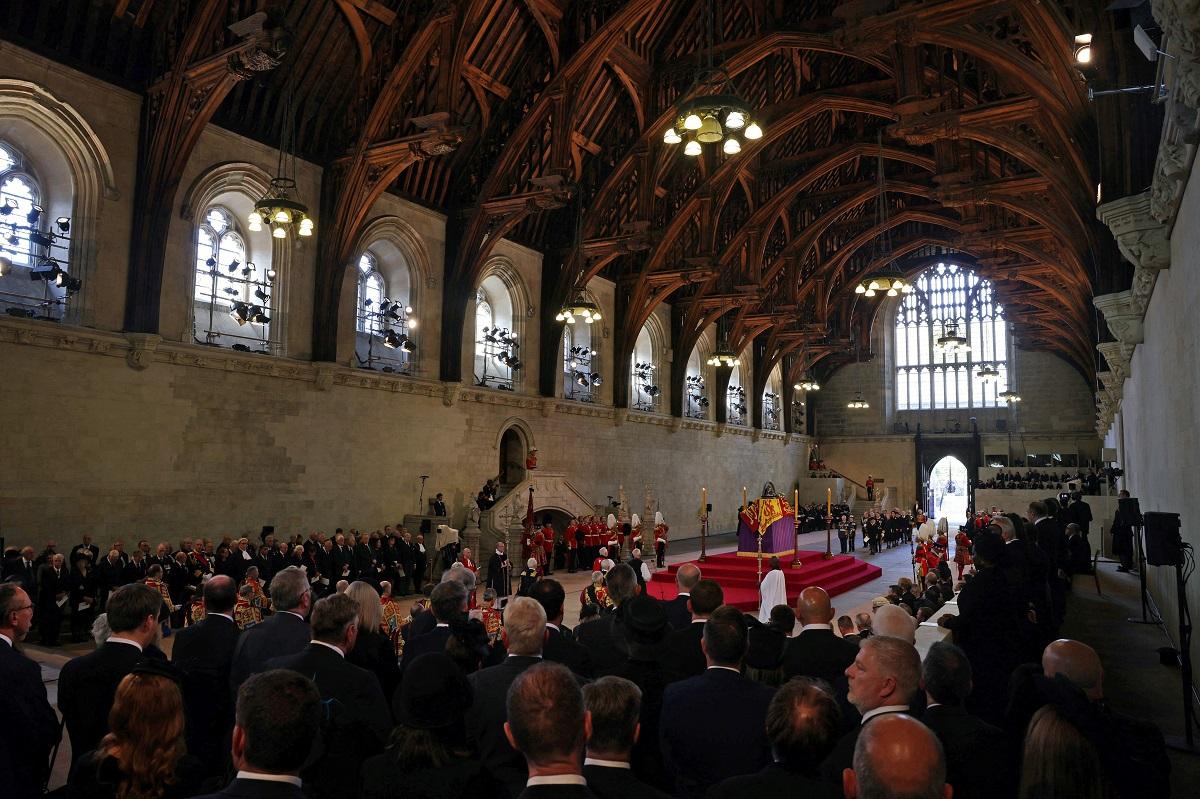 A general view as the coffin carrying Queen Elizabeth II is laid to rest in Westminster Hall for the Lying-in State on September 14, 2022 in London, England. The queen's coffin was taken in procession on a Gun Carriage of The King's Troop Royal Horse Artillery from Buckingham Palace to Westminster Hall, where she will lay in state until the early morning of her funeral. Dan Kitwood/Pool via REUTERS