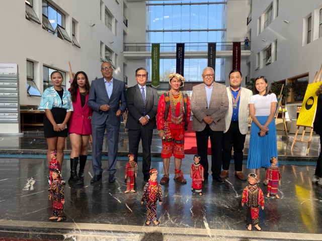 Ambassador Leslie J. Baja, Mr. Carlito Camahalan Amalla, and Counselor and Chief of Staff of the Office of the University President Mr. Abdelhafid Debbarh stand behind suyam ceramic sculptures (Courtesy: Philippine Embassy in Rabat)