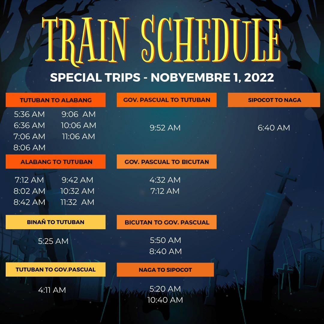 PNR schedule of special trips on Nov. 1, 2022