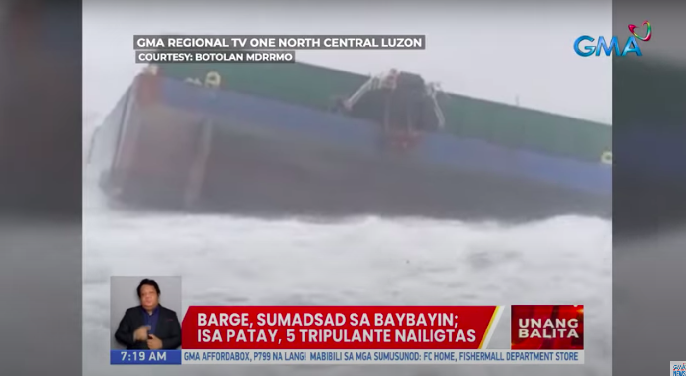 One dead after cargo vessel runs aground in Zambales | GMA News Online