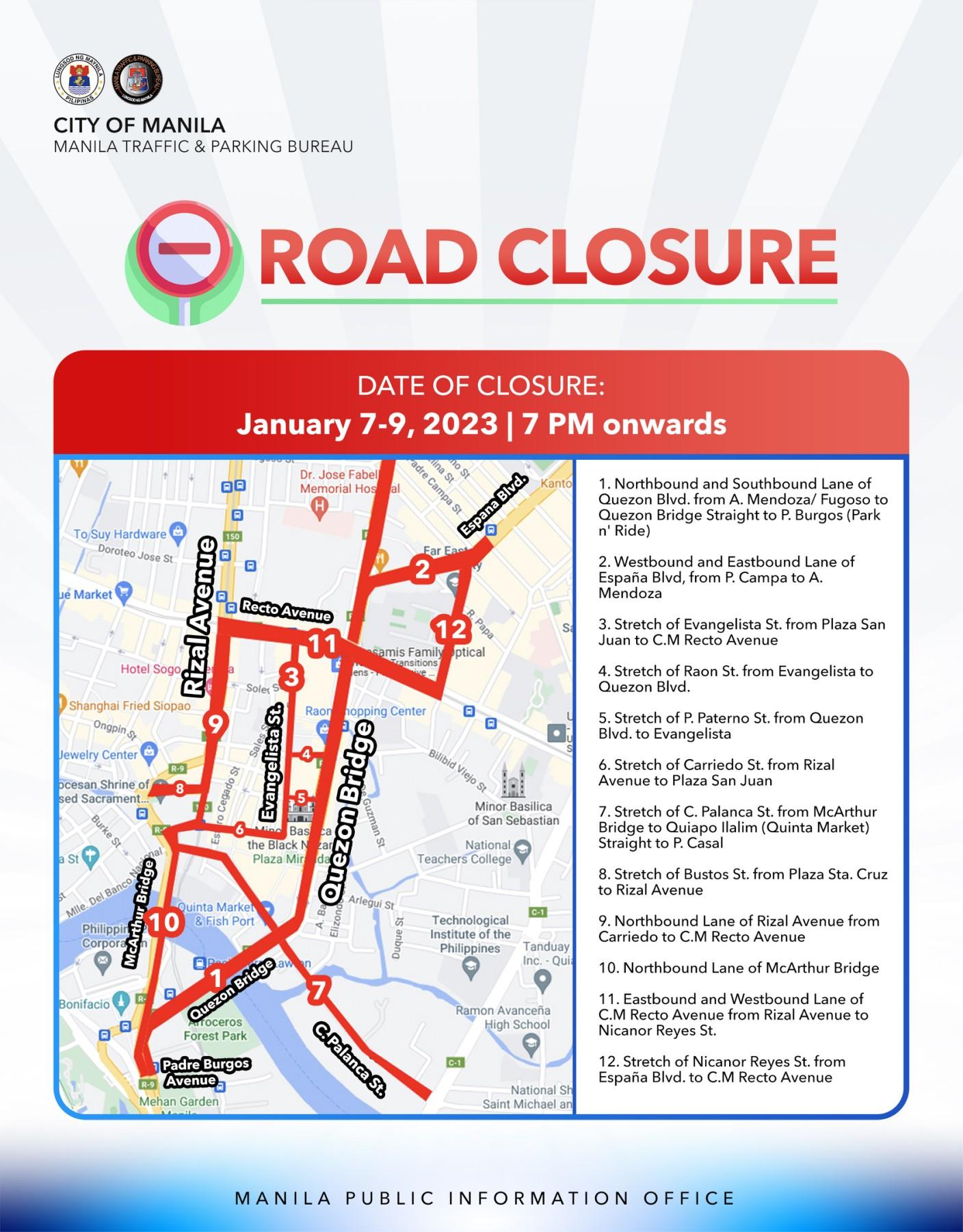 Schedule of road closures in Manila for Feast of the Black Nazarene