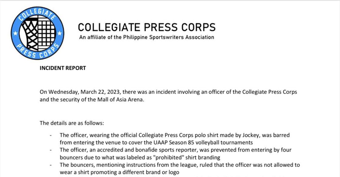 Collegiate Press Corps seeks discussion with UAAP officials after reporter initially prevented entry due to shirt promoting different brand from league sponsor