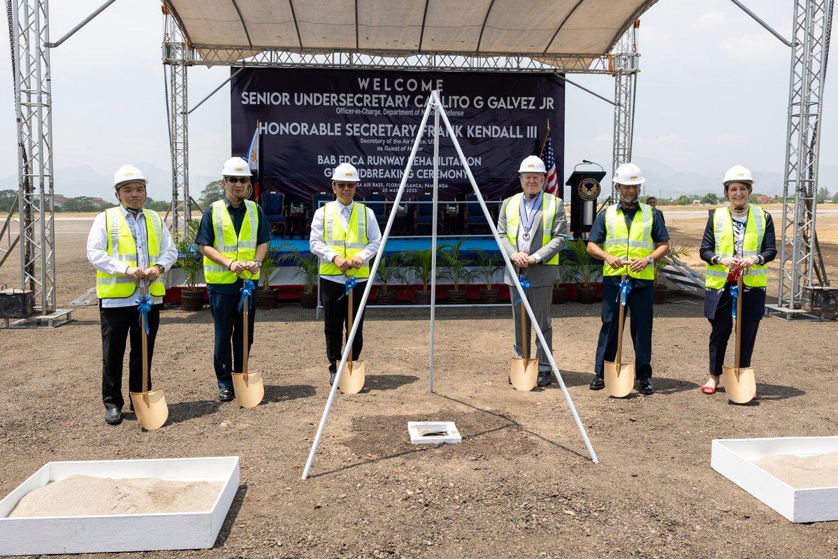 Philippine and US officials including Defense OIC Senior Undersecretary Carlito Galvez, Jr. (third from left), US Air Force Secretary Frank Kendall (third from right) and US Ambassador to the Philippines MaryKay Carlson (first from right) break ground for the rehabilitation of the Basa Air Base airstrip in Floridablanca, Pampanga on Monday, March 20, 2023. Basa Air Base is one of the original EDCA (Enhanced Defense Cooperation Agreement) sites in the Philippines. Photo: US Embassy