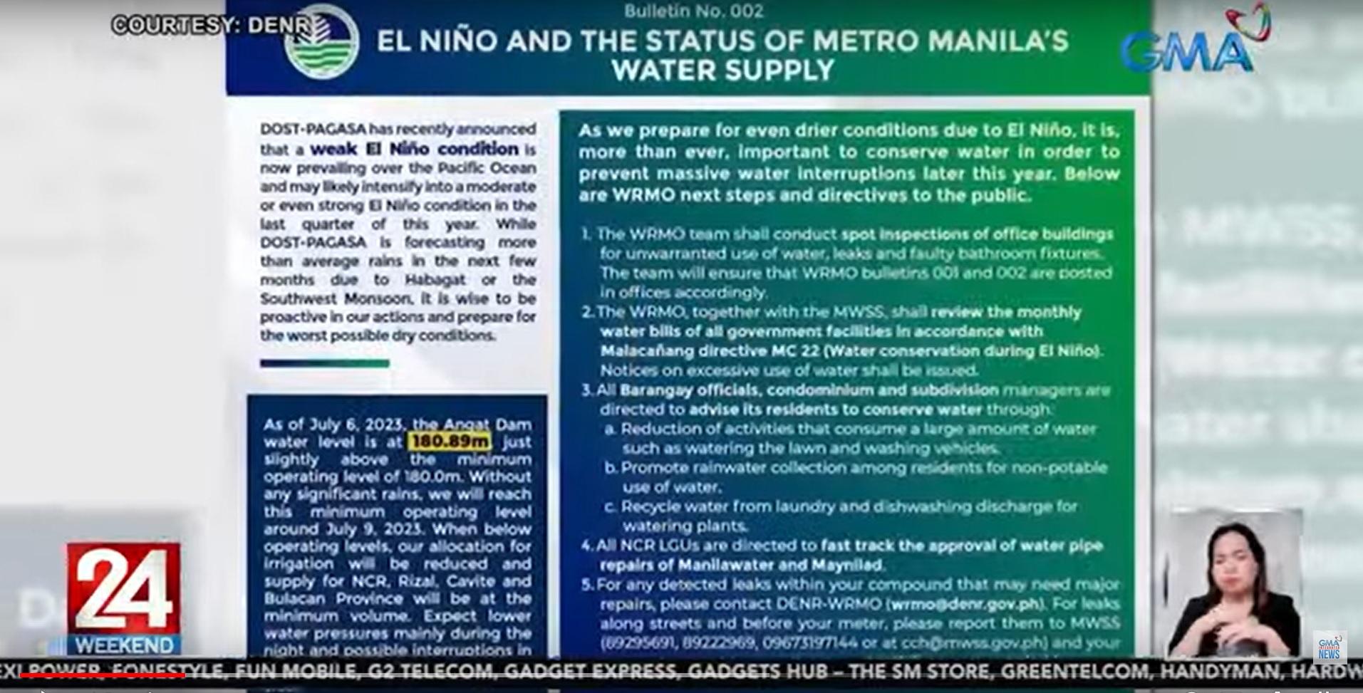 DENR directs barangays to advise residents to reduce water consumption