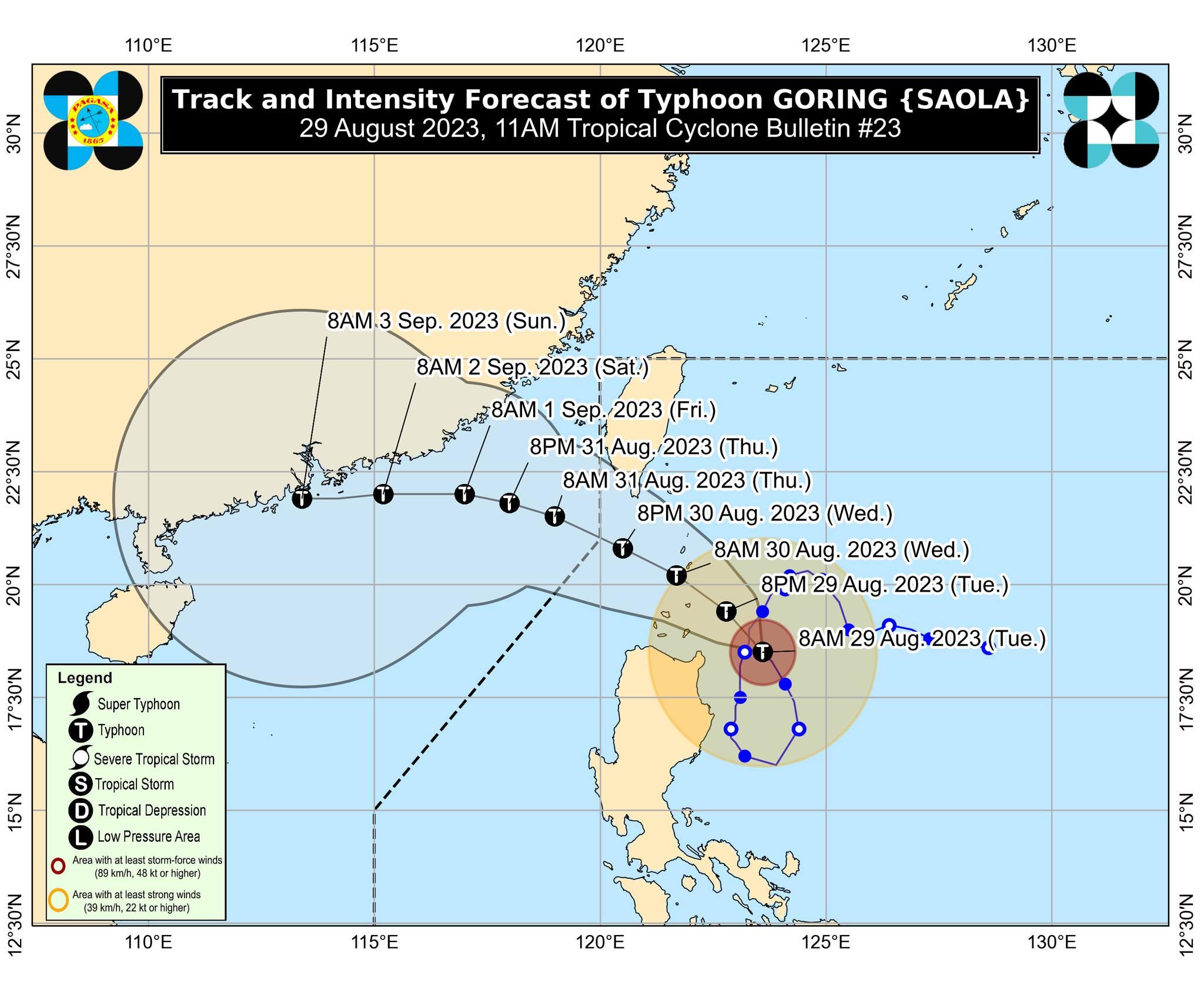 TCWS No. 3 is hoisted over the southern portion of Batanes and northeastern portion of Babuyan Islands as Typhoon Goring maintained its strength