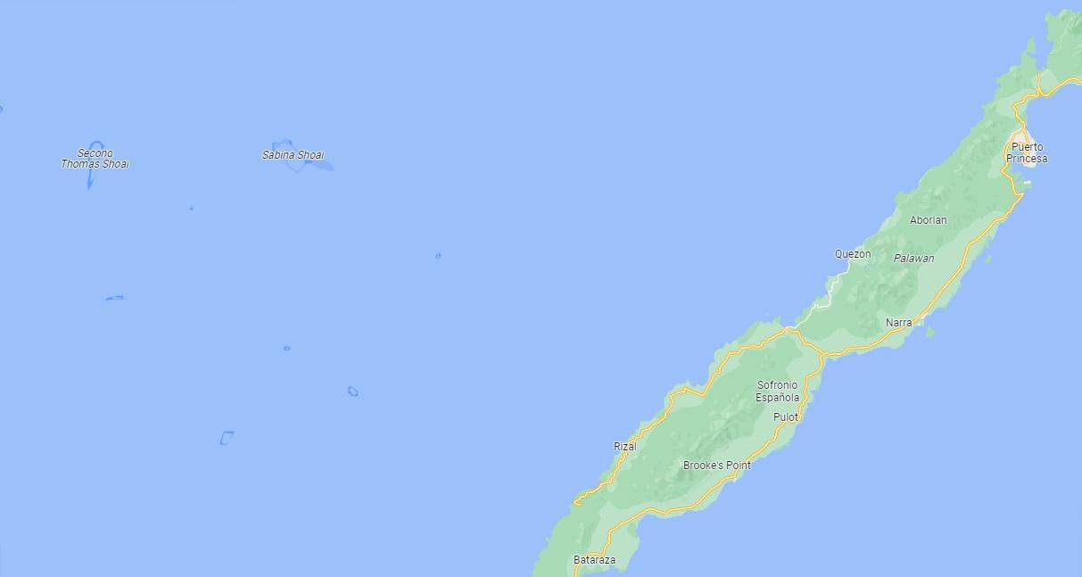 Google Maps image shows Ayungin Shoal (Second Thomas Shoal) and Escoda Shoal (Sabina Shoal) not far from the Palawan mainland.