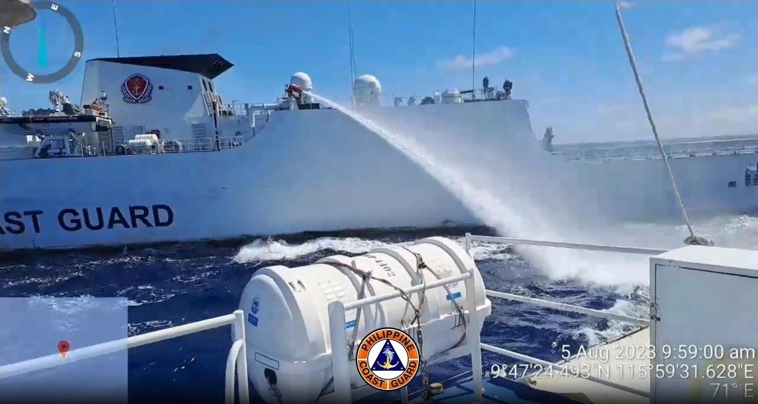 China Coast Guard vessel (CCGV) 5305 fires a water cannon at the starboard bow of the PCG ship BRP Malabrigo (MRRV 4402), 7 nautical miles northeast of Ayungin Shoal on August 5, 2023. Photo: PCG
