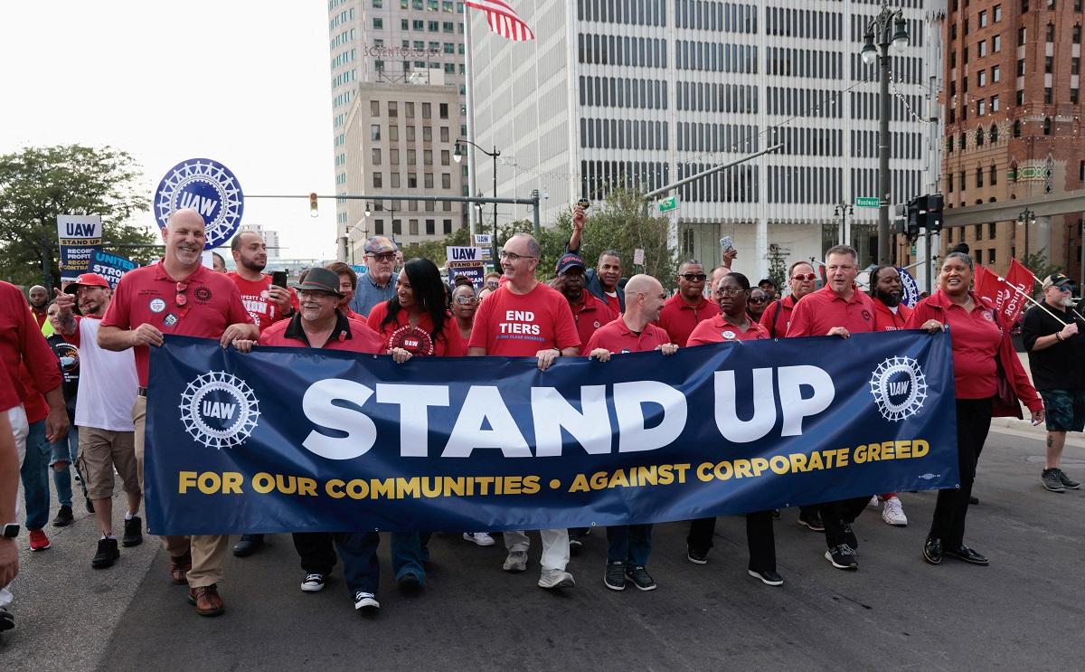 United Auto Workers members march in Detroit, Michigan