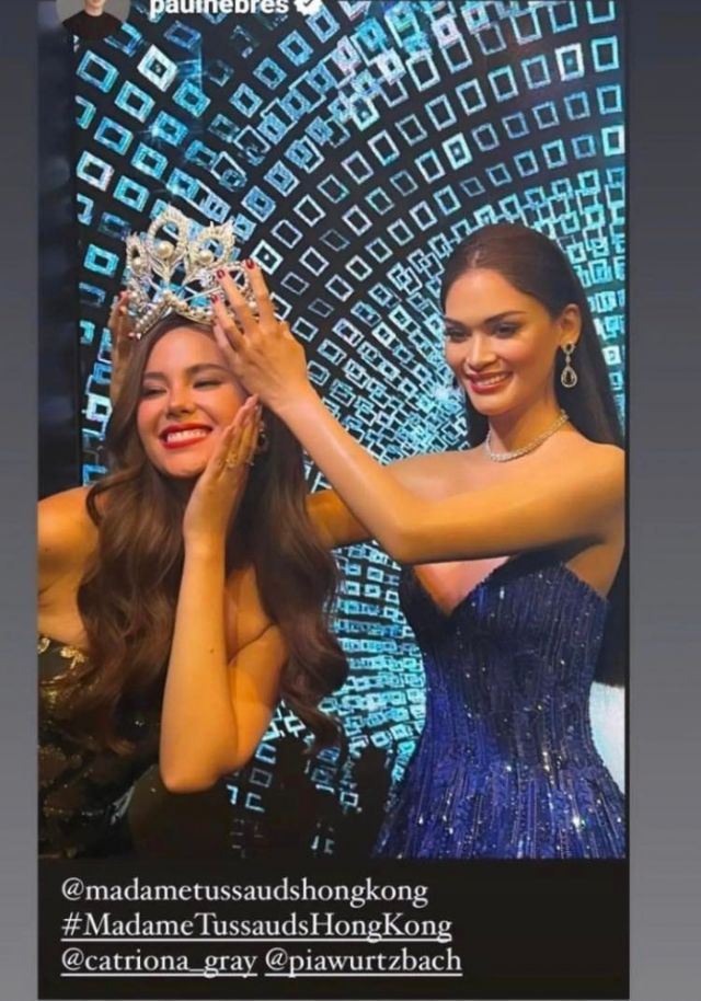 Catriona Gray Playfully Poses With Pia Wurtzbachs Madame Tussauds Wax Figure In Hong Kong Gma