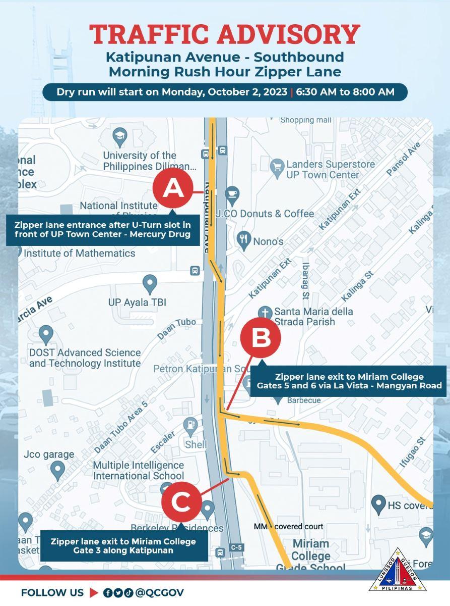 traffic advisory for Katipunan Avenue southbound zipper lane