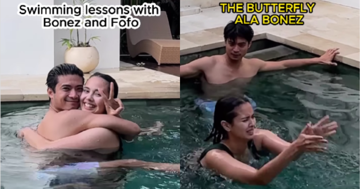 Mikael Daez and Megan Young swim in a pool