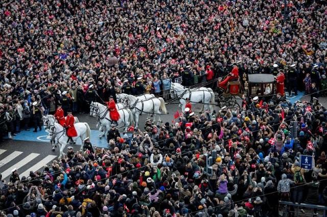 King Frederik and Queen Mary ride in a carriage in Copenhagen, Denmark, January 14, 2024. Ritzau Scanpix/ Ida Marie Odgaard via REUTERS