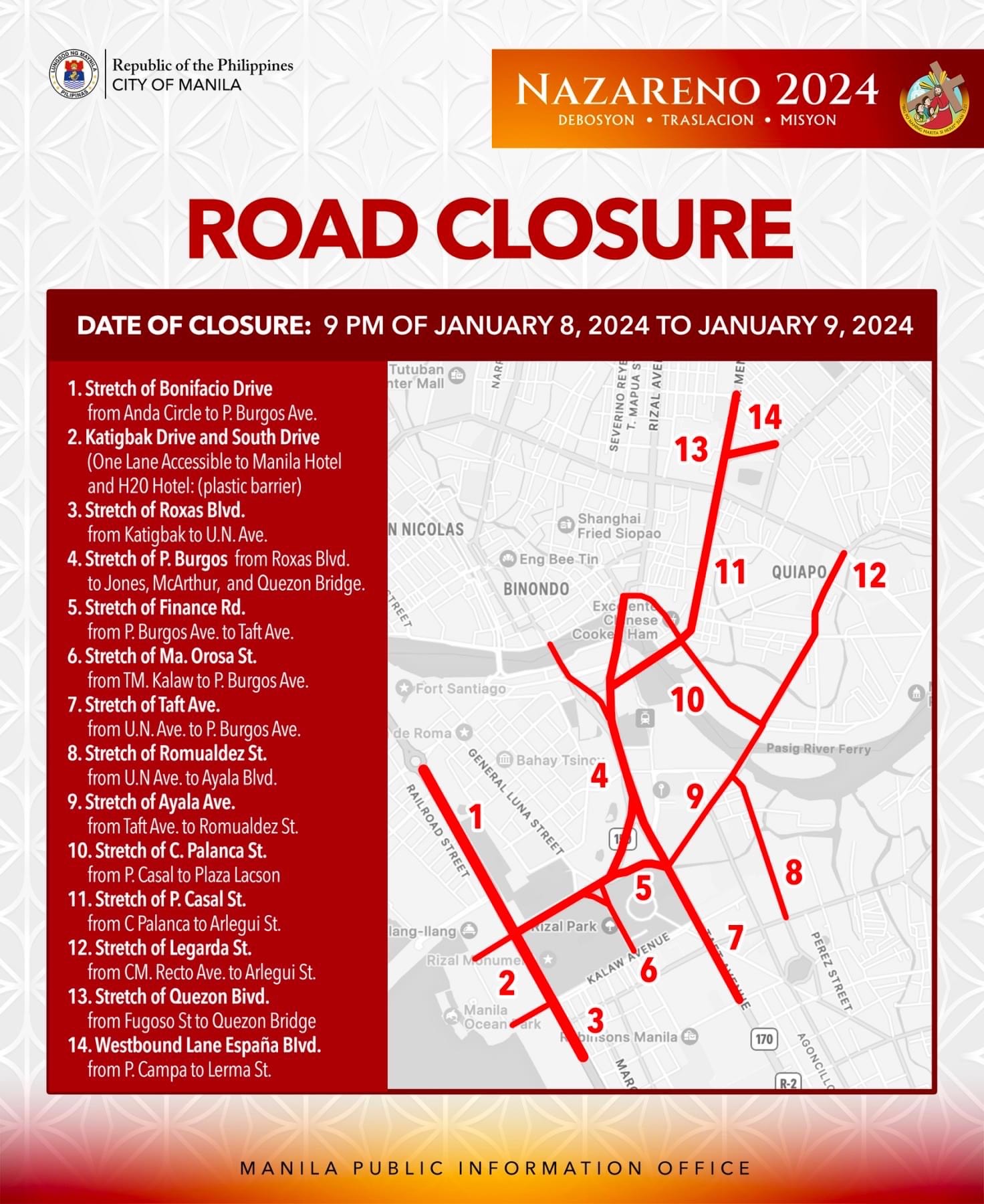 Manila road closures, traffic rerouting scheme for Traslacion 2024