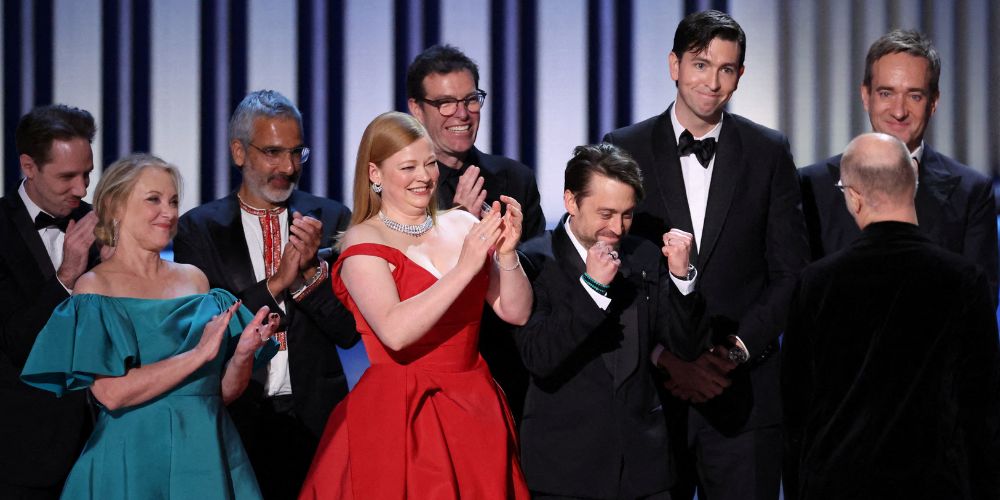 Jesse Armstrong accepts the award for Outstanding Drama Series award for “Succession”at the 75th Primetime Emmy Awards in Los Angeles, California, U.S