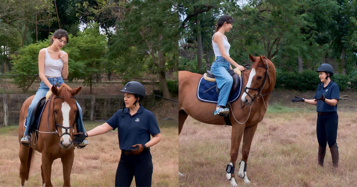 Mikee Cojuangco-Jaworski teaches Caitlyn Stave horse riding techniques
