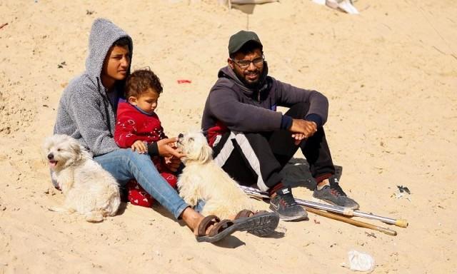 Displaced Palestinian teenager Hassan Abu Saman sits with his sister, a friend and two of his dogs at a tent camp in Rafah, in the southern Gaza Strip, February 20, 2024. REUTERS/