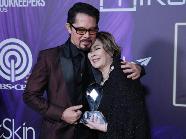 Veteran actress Hilda Koronel, who received the previously announced Monty Manibog Lifetime Achievement Award, with actor Christopher de Leon, her costar in their iconic film, Mike de Leonâ€™s â€œKung Mangarap Kaâ€™t Magising (Moments in a Stolen Dream).â€ At the inaugural Manila International Film Festival held at the Directors Guild of America in LA. Photo by Sthanlee B. Mirador