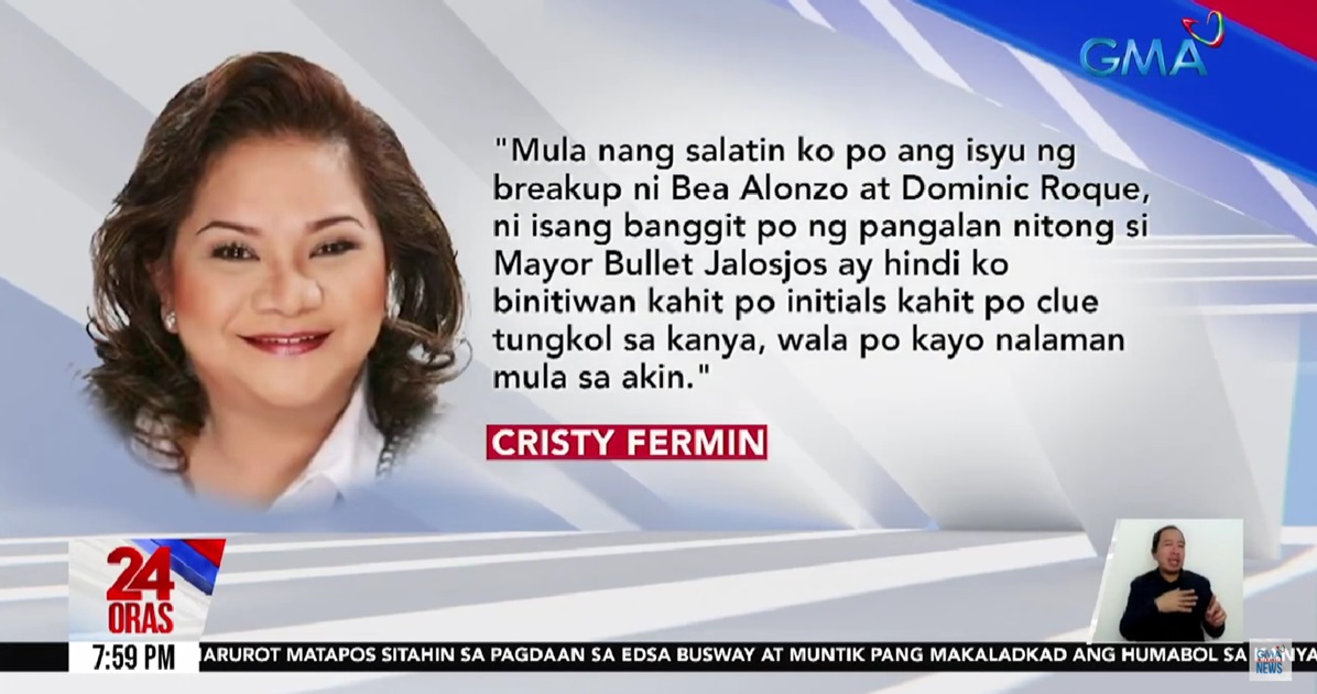 Cristy Fermin responds to Dominic Roque’s statement, says she won’t apologize