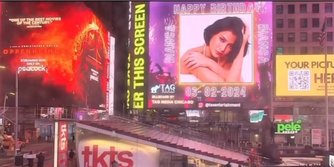 Bianca Umali appears on a Times Square billboard on her birthday