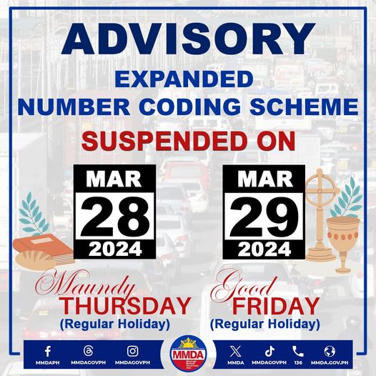 MMDA: No number coding on Maundy Thursday, Good Friday