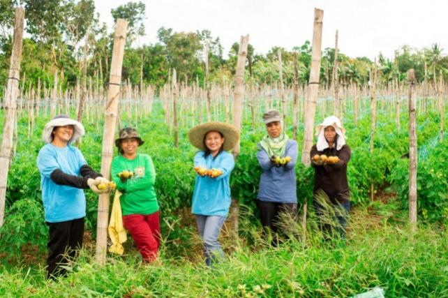 Thriving in agriculture work. Bernadeth Carandang (middle in sky blue) and other women farmers proudly show their harvested onions. Aside from being a farmer, Bernadeth is also a teacher and a leader of the Mag-Samakame farmers' cooperative in Cavite.