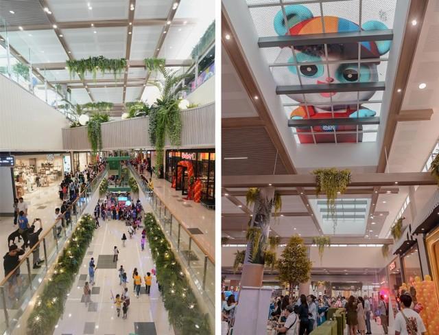 (Left) The mallâ€™s interior is abundant in greenery and natural light. (Right) Cali, the mall's huggable 25-foot inflatable panda, peeks through the 3rd-level ceiling to welcome everyone.