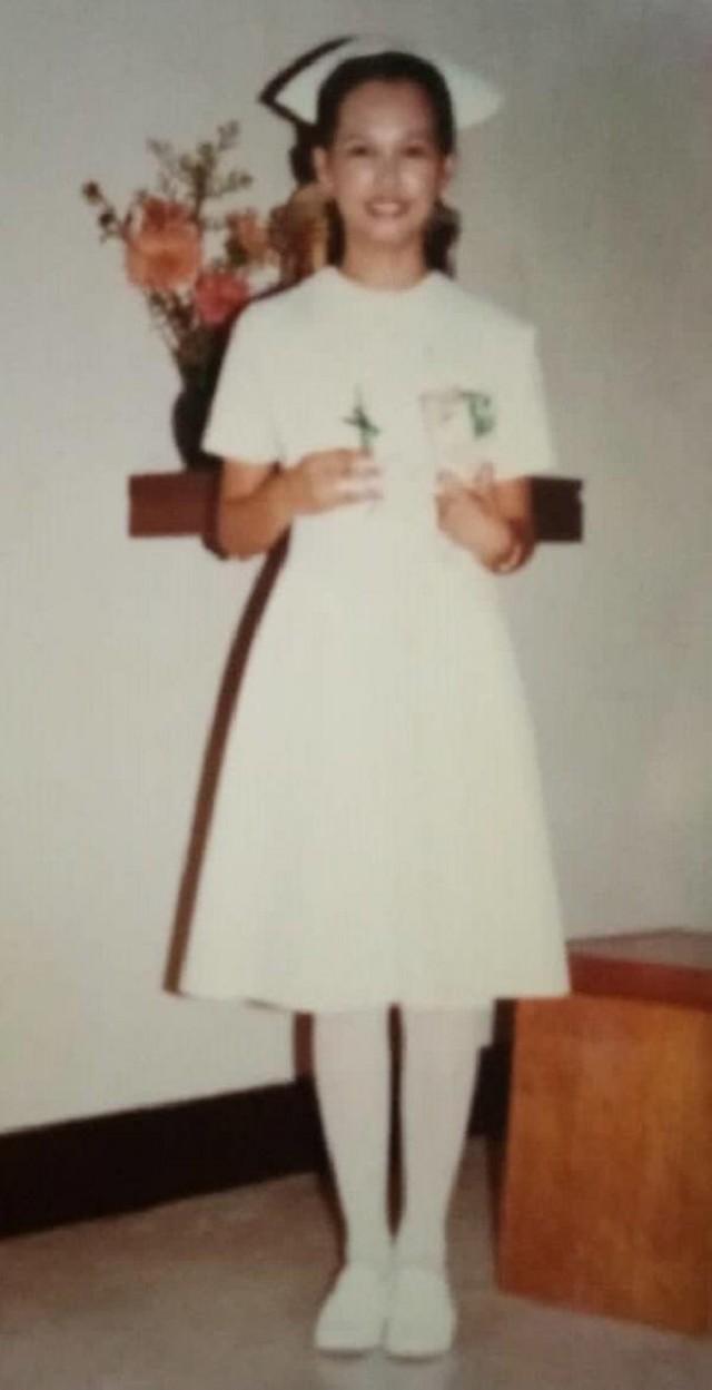 The young graduate at her Capping and Candle Ceremony at St. La Salle University School of Nursing in 1982. The FilAm