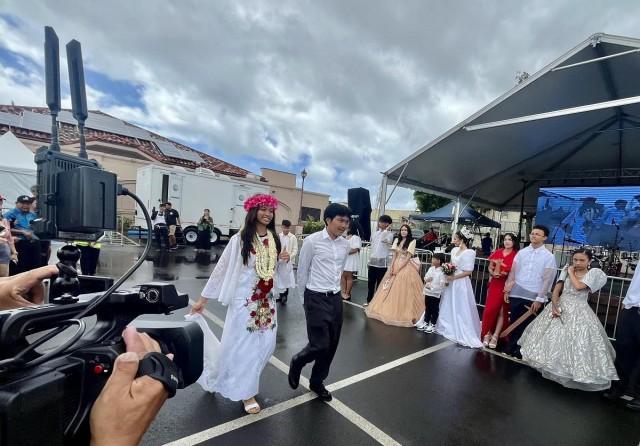 The â€˜Reyna Hawaiiâ€™ graces a crowd of Filipino-Americans attending the Flores de Mayo and Filipino Fiesta event at the FilCom Center in Waipahu. Ted Cordero/ GMA Integrated News